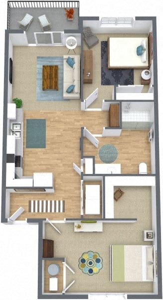 Floor plan for 2 beds, 1 bath, 895 sqft
